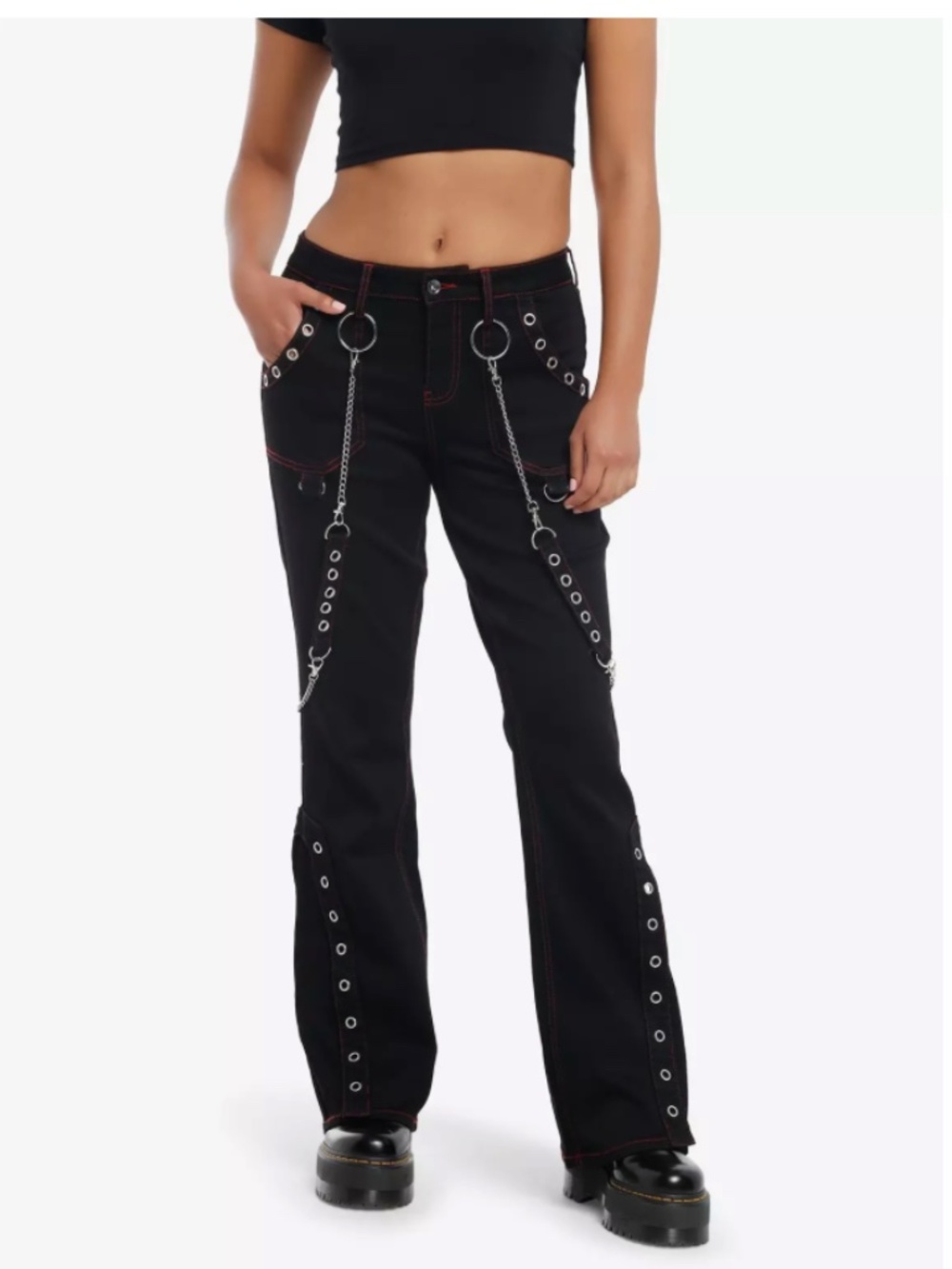 HOT TOPIC Red Stitch Grommet Suspender Flare Jeans Black Size 7